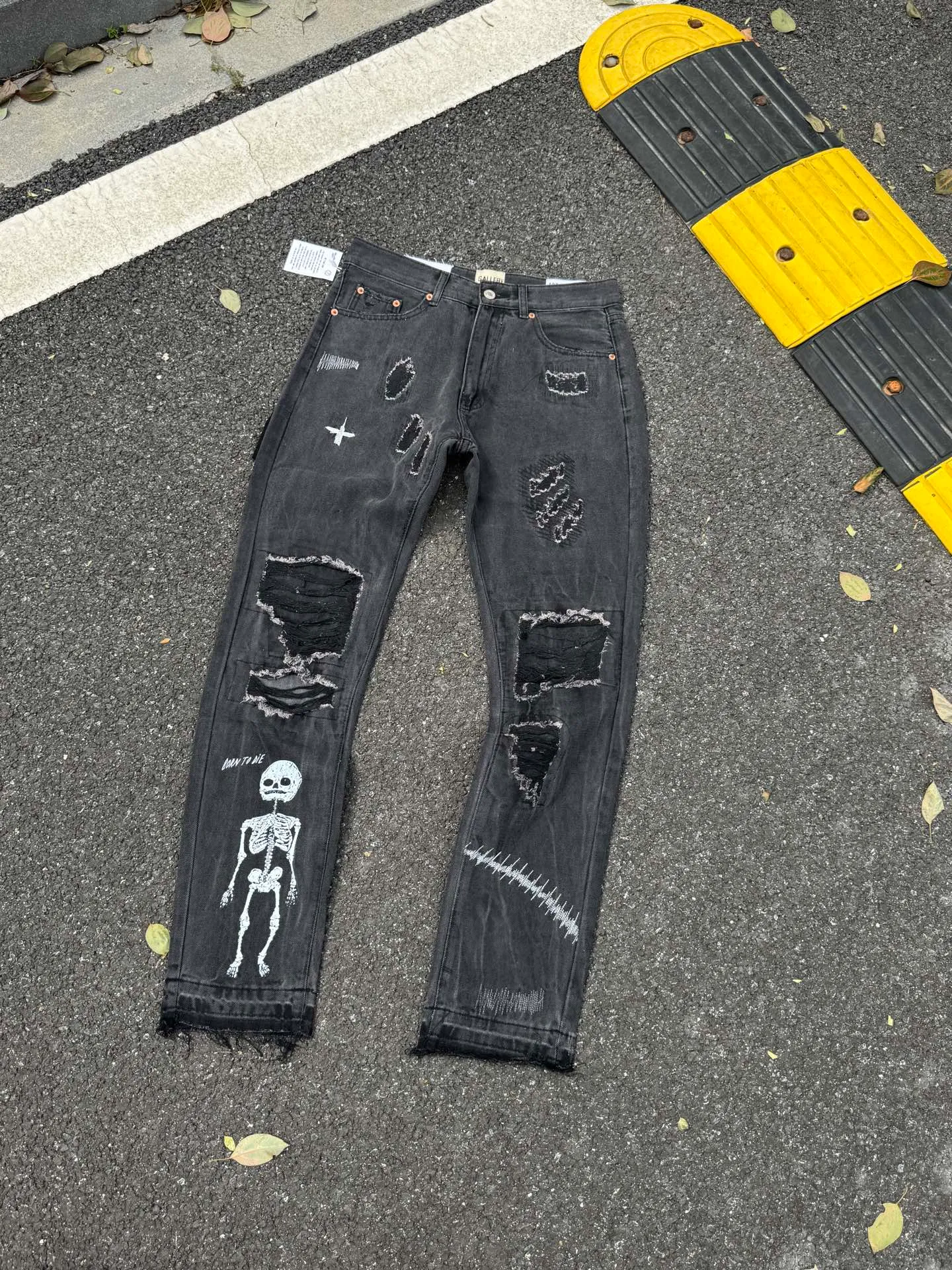P246💰G22 GALLERY DEPT. Skull hand-stitched distressed distressed jeans -Color: Black -Size: S-XXL